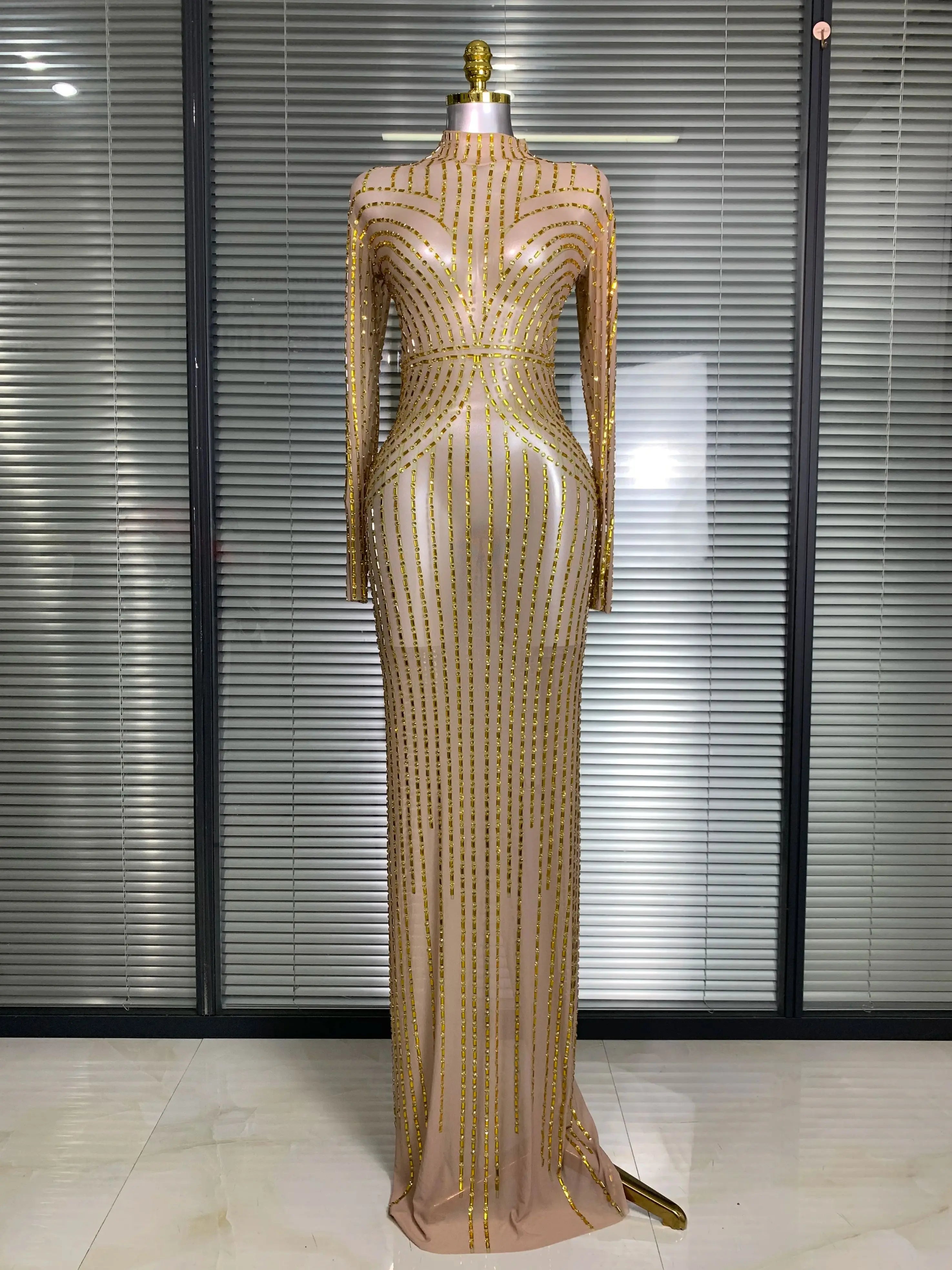 Women Sexy Long Sleeve Mesh Sequins Maxi Dress See Through Gold Silver Party Singer Party Costume Sheer Stage Performance Dress