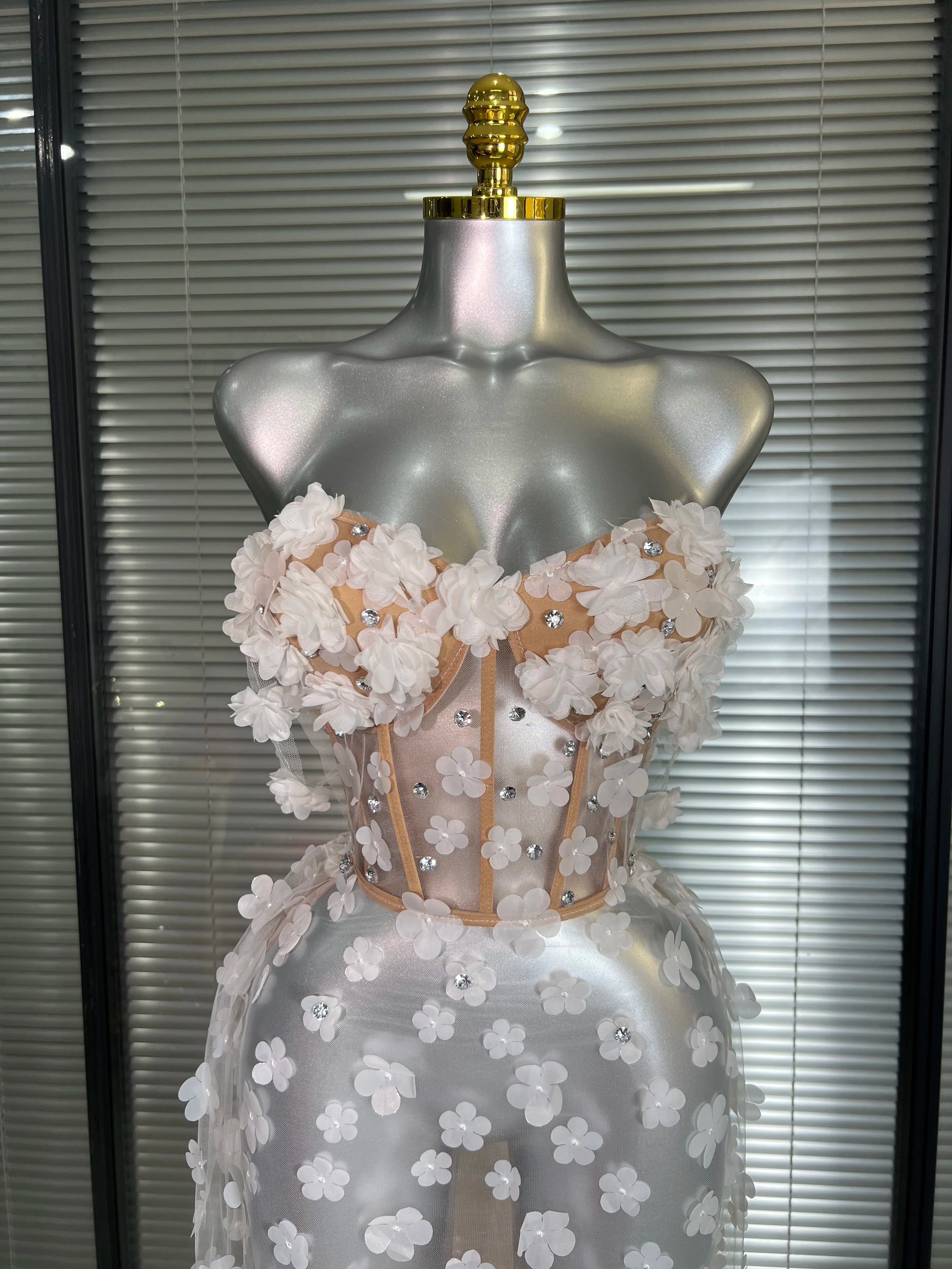 NEW Women Sexy Mesh Crystal Diamonds Maxi Dress See Through Party Singer Wedding Maxi Dress Stage Performance Costume