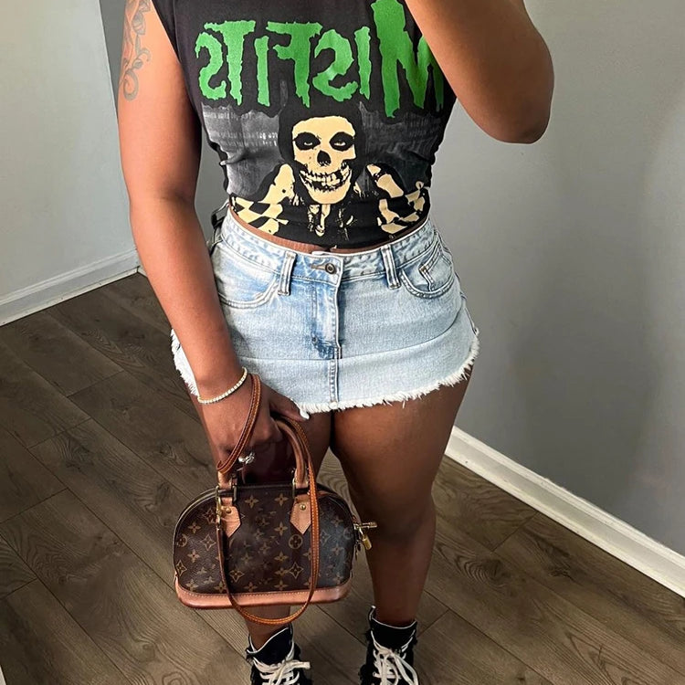 Weird Puss Halloween Style Women Crop Tops Skull Letter Print O Neck Sleeveless Causal Basic Vest Festival Party Y2K Streetwear