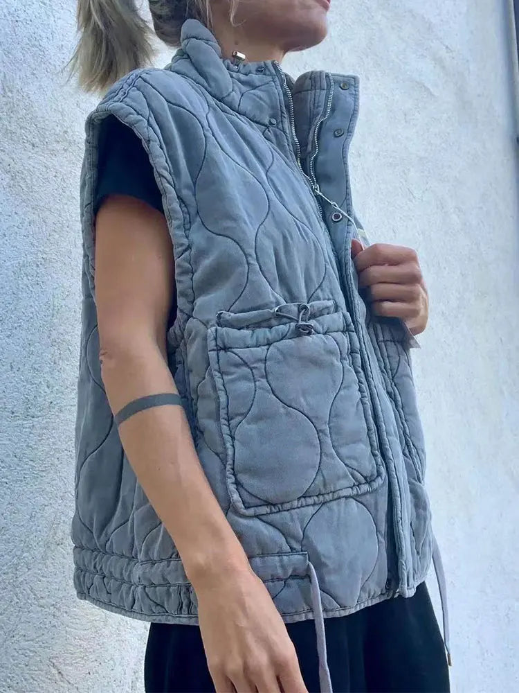 Autumn Winter Women Pocket Parkas Cotton Vest Jacket Zipper Sleeveless Female Padded Waistcoat