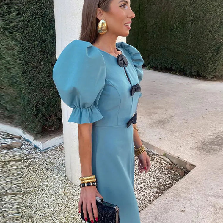Fashion Short Puff Sleeves Bow Midi Dress For Women Solid Round Neck Slim Fit Dresses Elegant Party Club Vestidos