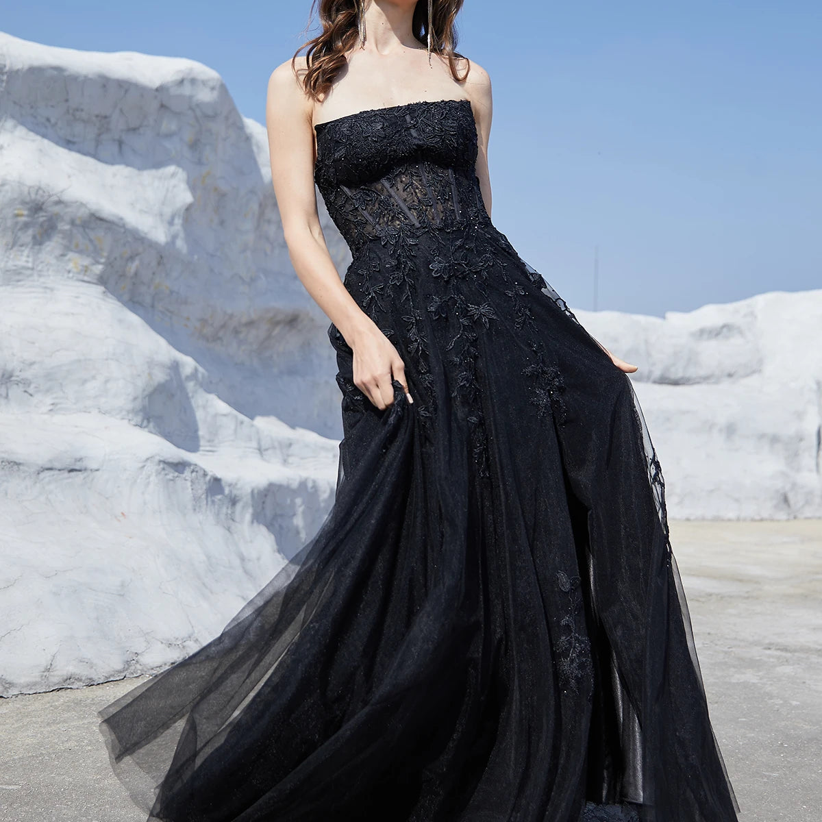 Elegant Lace Formal Evening Dresses Long with Crystal Strapless Sexy High Slit A-Line Homecoming Prom Party Gowns for Teens 2024 Black Floor Length | CHINA