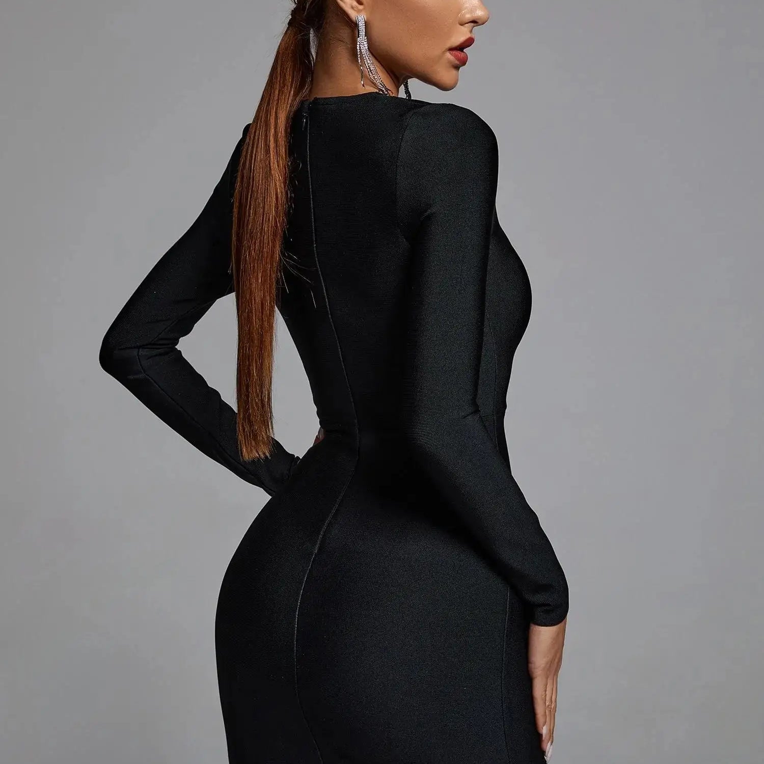 Vestido preto de inverno com contas pretas, manga longa, sexy, vazado, mini vestido de festa para celebridades, passarela