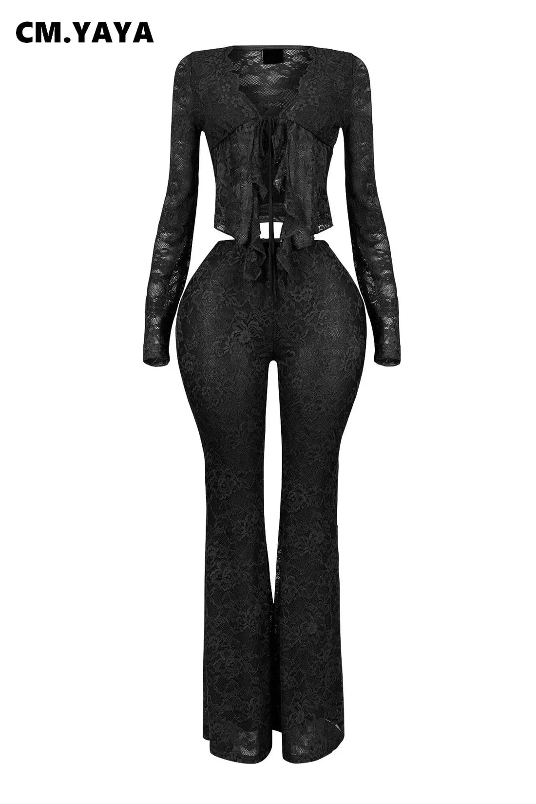 CM.YAYA 2025 Women's Set Long Sleeve Lace See Through Shirt + Long Pants Street Evening Sexy Two 2Piece Sets Outfits Tracksuit