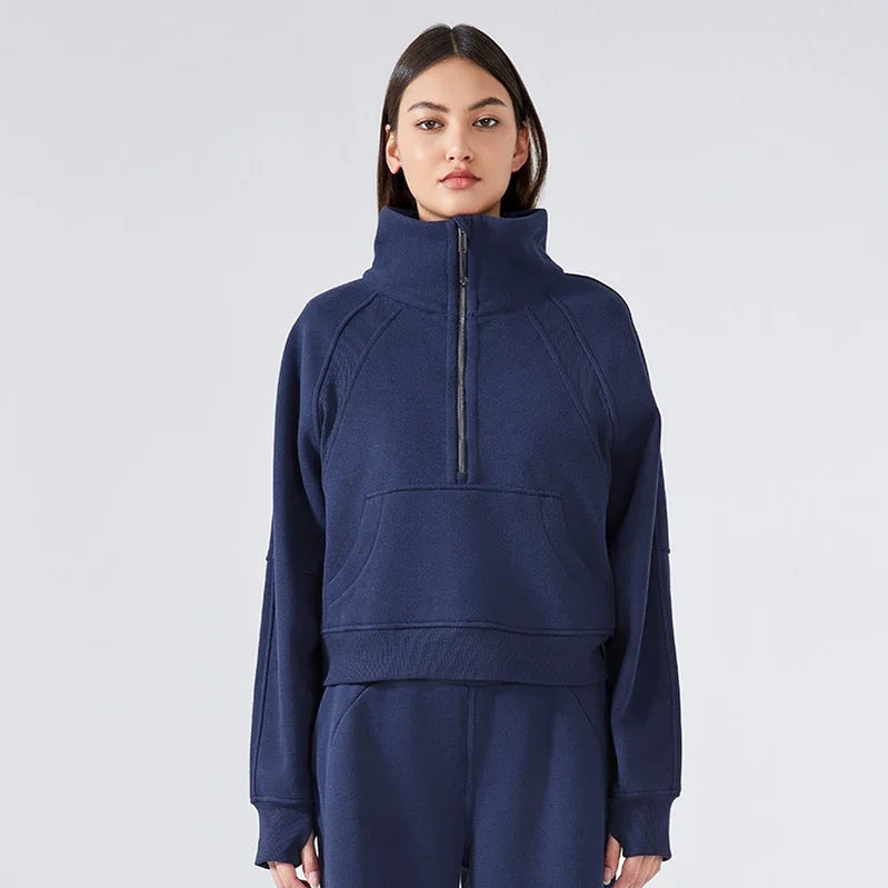 Autumn New Half Zipper High Stand Collar Pullover Top for Women's , Warm and Fleece Thick Sports Hoodie for External Wear DA W150E