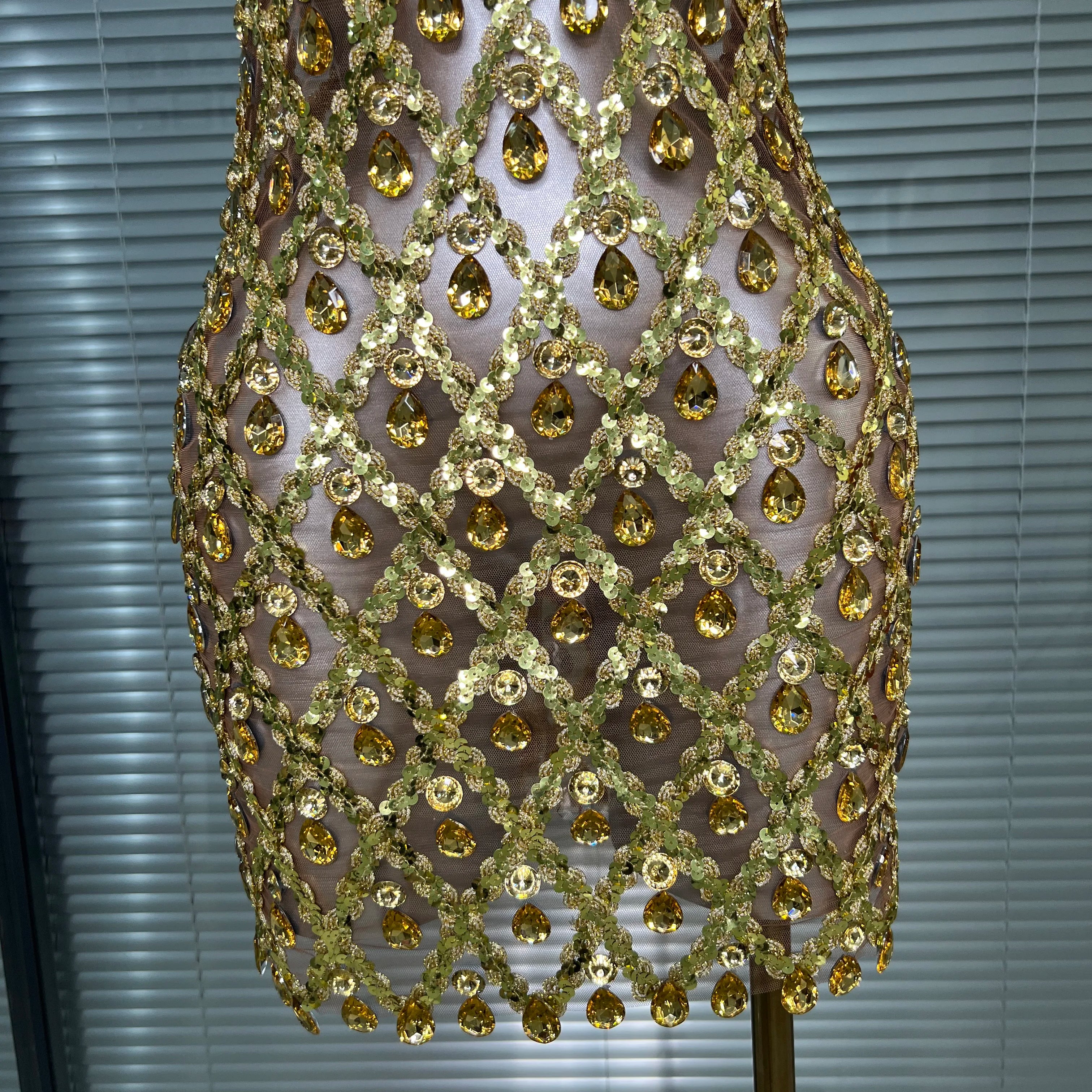 Women Sexy See Through Mesh Gold Costume Stage Dancer Singer Night Club Celebrity Mini Party Dress