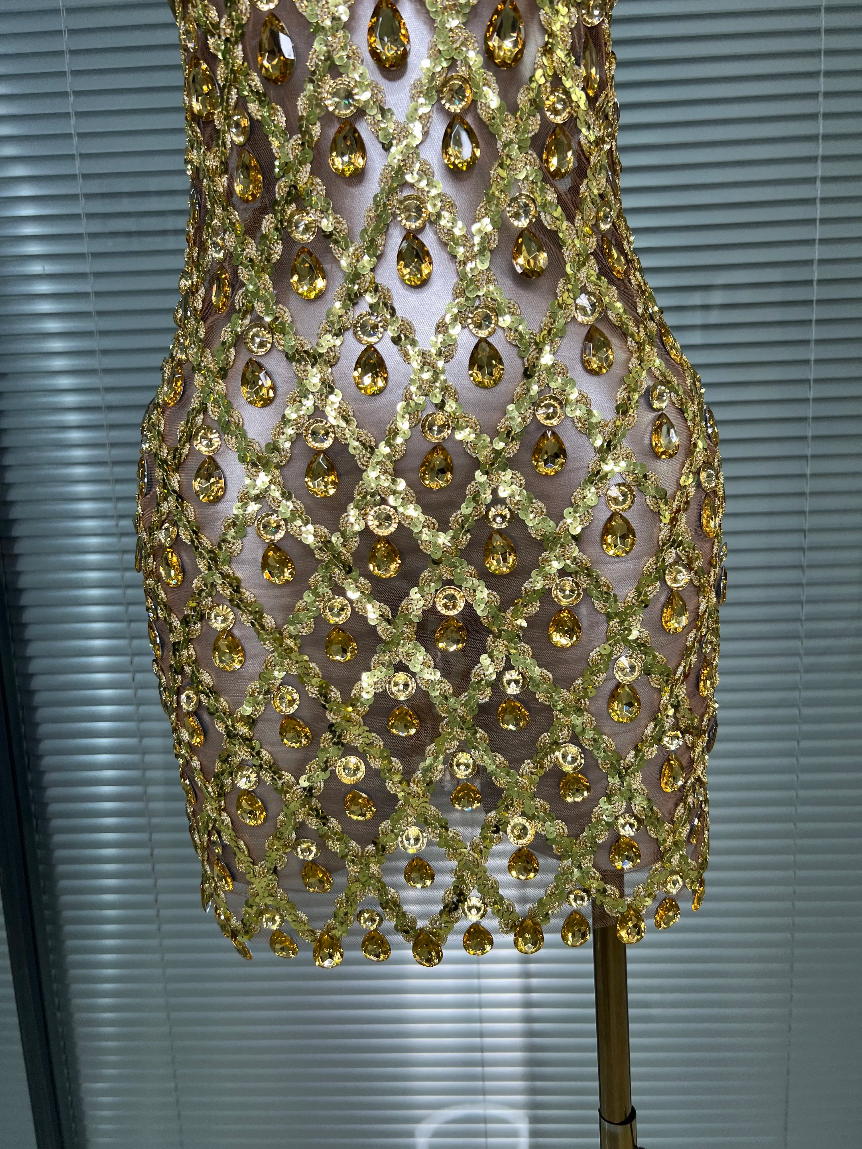 Women Sexy See Through Mesh Gold Costume Stage Dancer Singer Night Club Celebrity Mini Party Dress