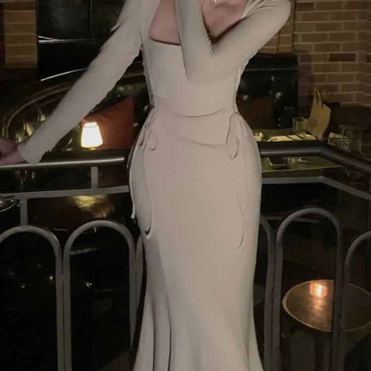 Fashion Women Midi Bodycon Dress Autumn New Drawstring Casual Slim Elegant Party Vestidos Female Chic Prom Birthday Long Robe