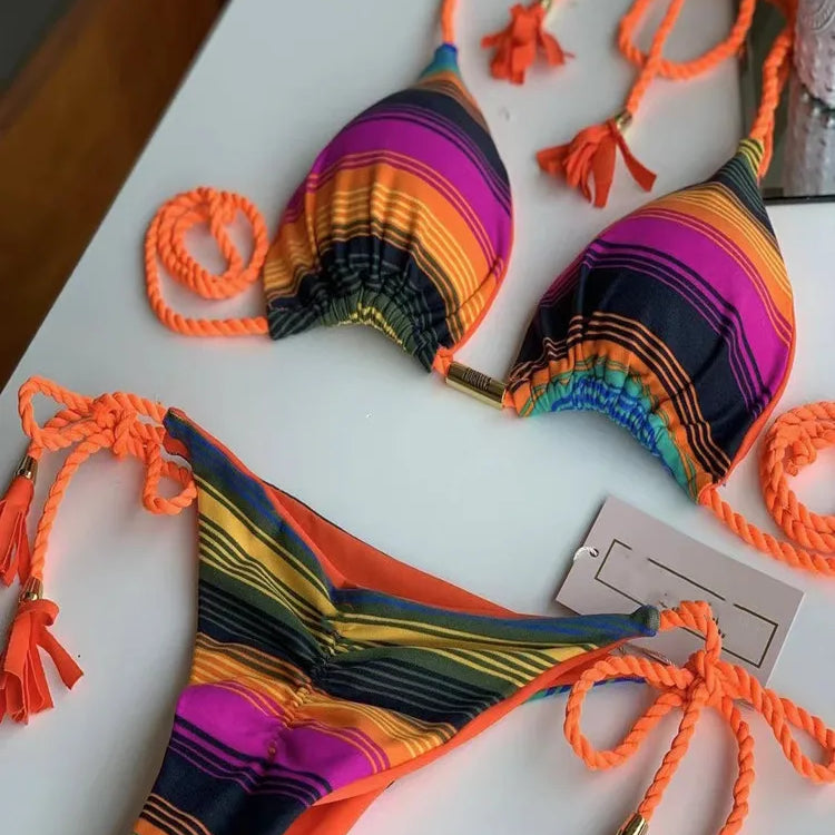 Women's Rope Swimwear Strap Split Bikini Printed Triangle Swimsuit 8247