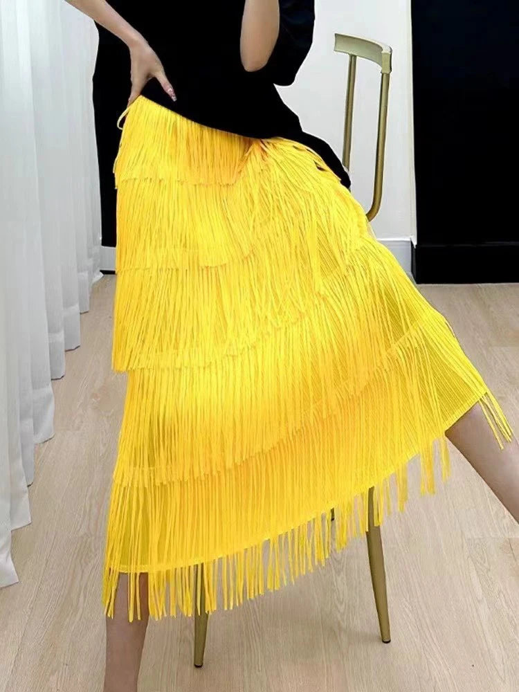 Pleated Tassel Long Skirts For Women High Waist Solid Color Stitching Elegant Party Clothing 2024 Summer Autumn