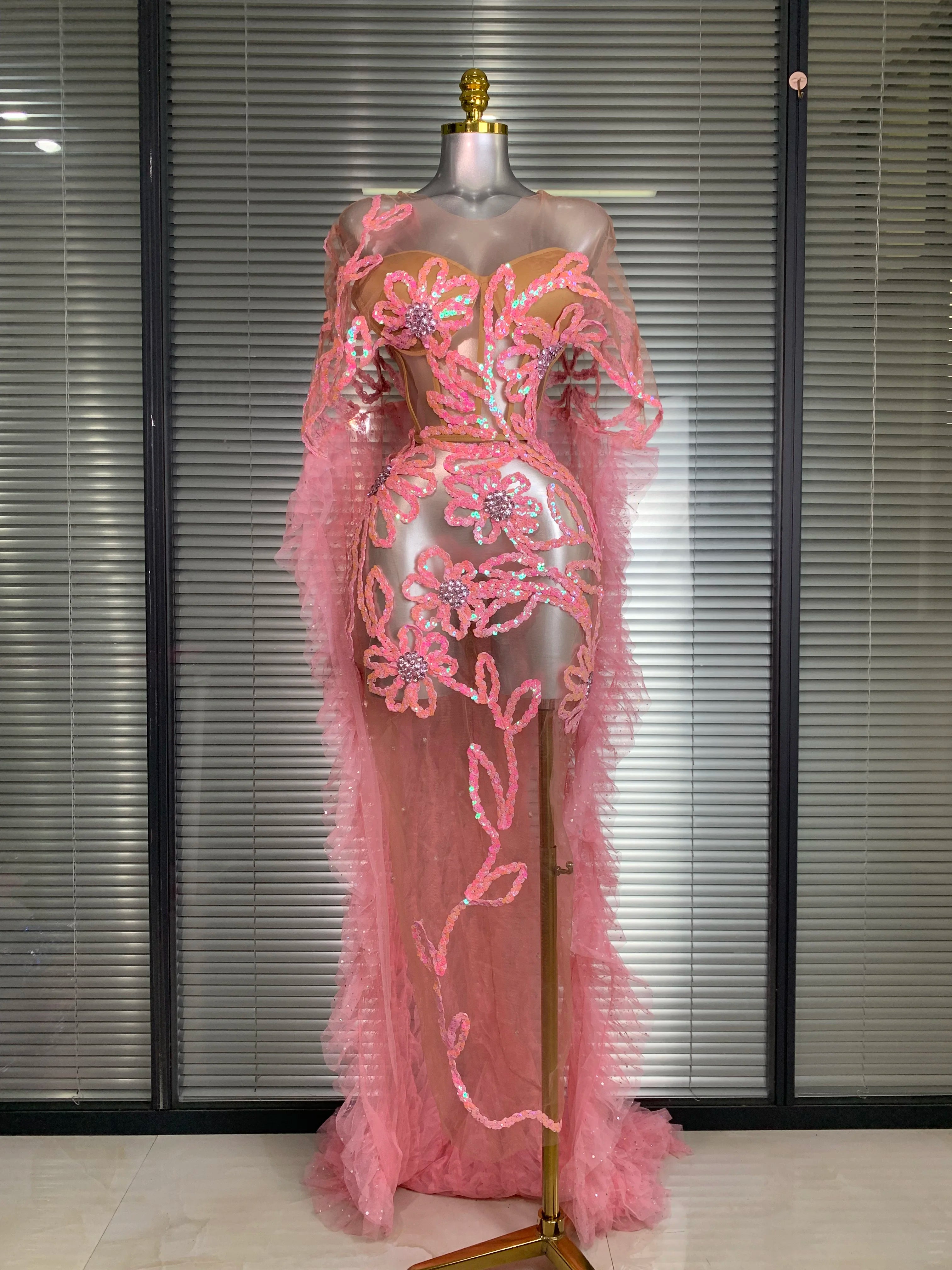 New Women Sexy Mesh Sheer Sequins Pink Maxi Dress See Through Sparkly Shining Party Costume Stage Performance Dress