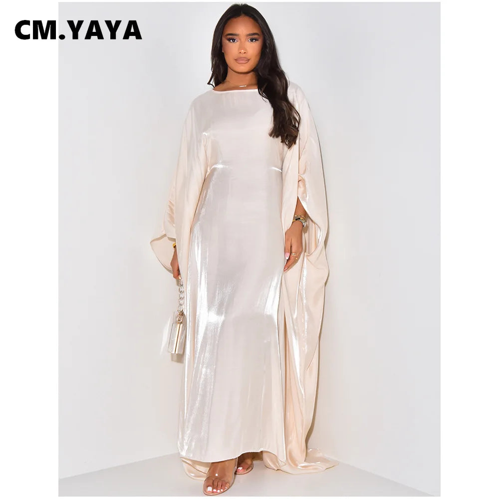 CM.YAYA Women Loose O-neck Full Batwing Sleeve Long Maxi Dress Summer Satin Vintage Africa Streetwear Vestido Evening Dresses
