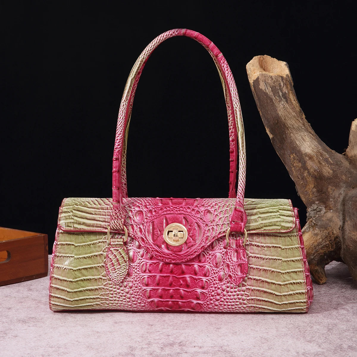 Multicolor Crocodile Pattern Fashion Handheld Stick Bag Large Capacity One Shoulder Underarm Bag Women's Luxury Handbag RoseGreen