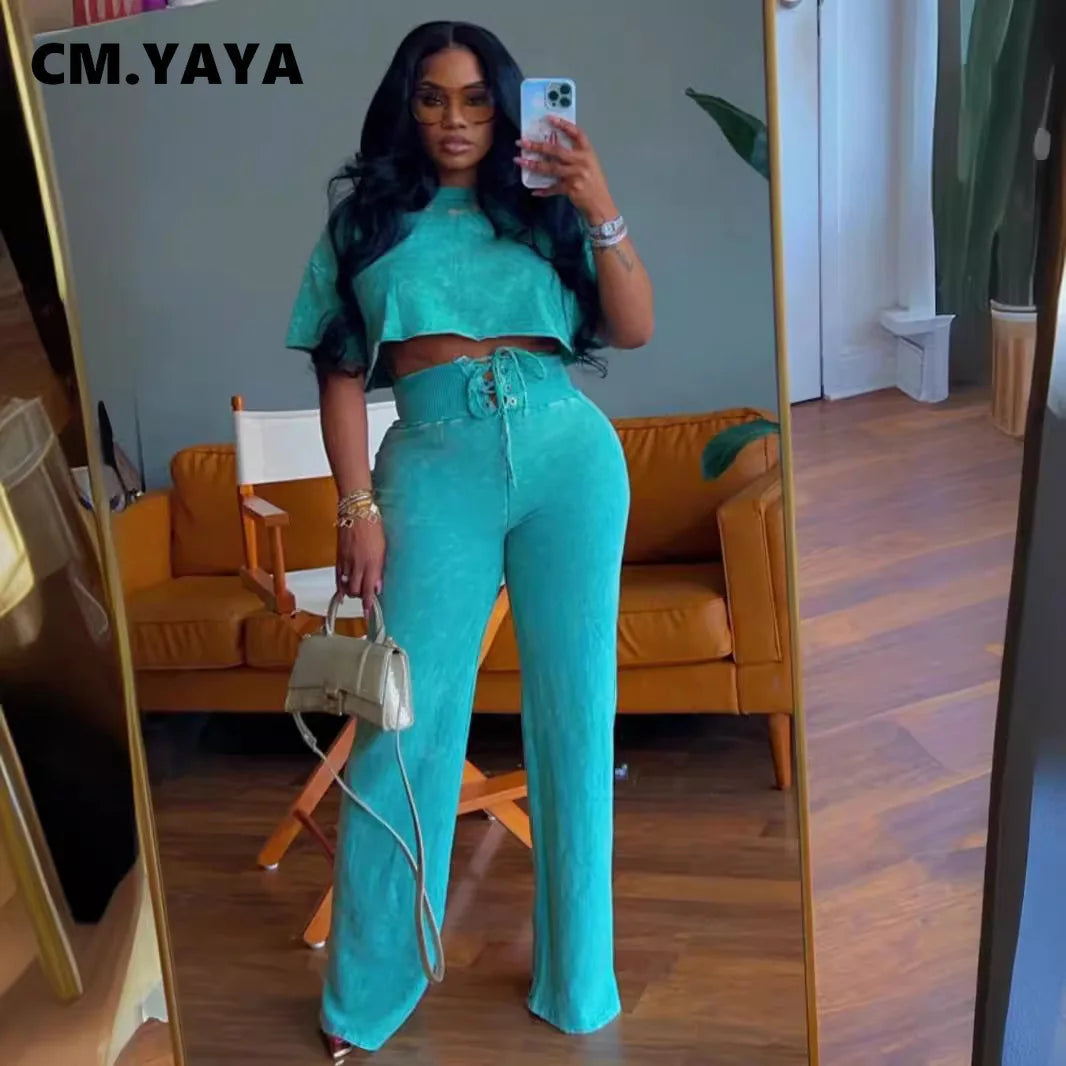 CM.YAYA Women's Set Tie Dye Print O-neck Short Sleeve Crop Top +Pants Suits Street Sweatsuit Two 2 Piece Set Outfit Tracksuit