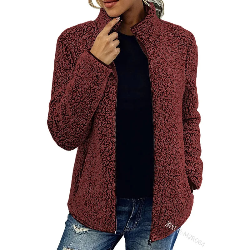 Women Solid Fleece Jackets Casual Fashion Stand Collar Coat Female Long Sleeve Zipper Outerwear Lady Clothes Autumn Winter Burgundy