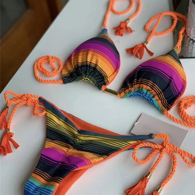 Sexy Swimsuit Women Triangle Bikinis Set Thong Bandage Swimsuits Solid Color Bath Suit Two Piece String Swimear Beach Wear 8247