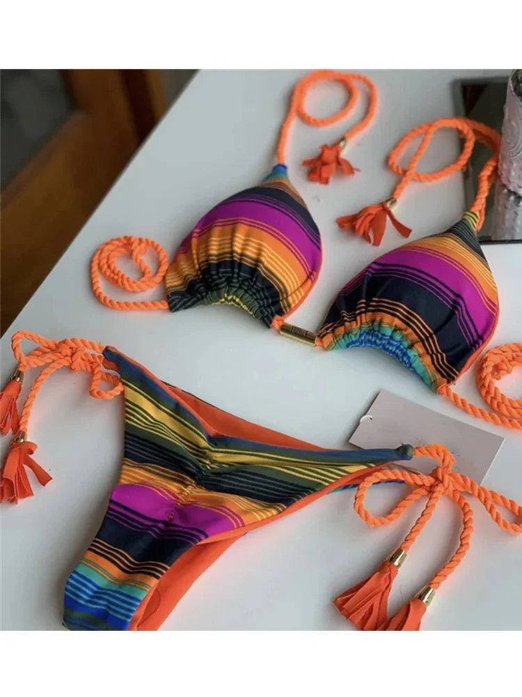 Sexy Swimsuit Women Triangle Bikinis Set Thong Bandage Swimsuits Solid Color Bath Suit Two Piece String Swimear Beach Wear 8247
