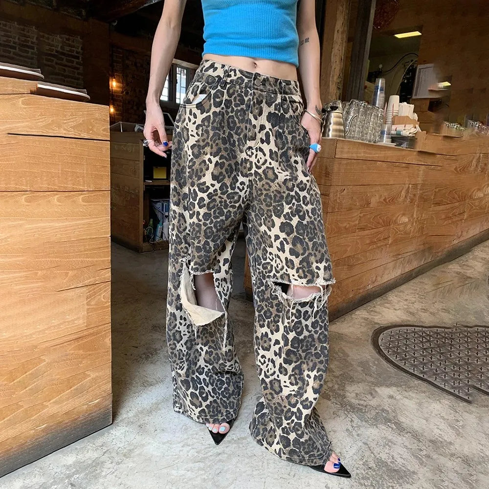 TWOTWINSTYLE Colorblock  Leopard Hollow Out Denim Pants For Women High Waist Spliced Pocket Wide Leg Jeans Female Fashion New