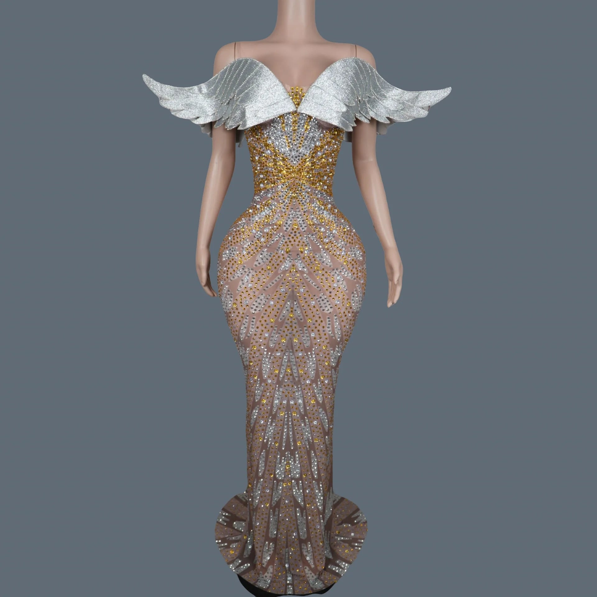 Luxury Sparkly Crystals Angel Gown Sexy Women Celebrate Party Dress High-end Wings Strapless Evening Dress Photo Shoot Wear Yuyi