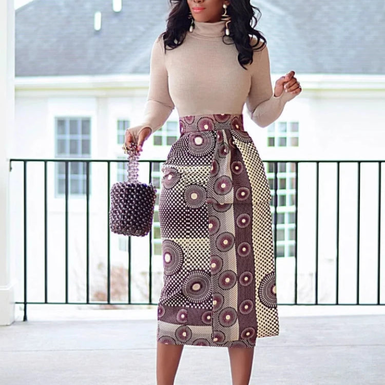 CM.YAYA Women Skirts Print High Waist Stretchy Bodycon Midi Skirt Ladies Vintage Fashion Streetwear 2024 Autumn Winter Elastic