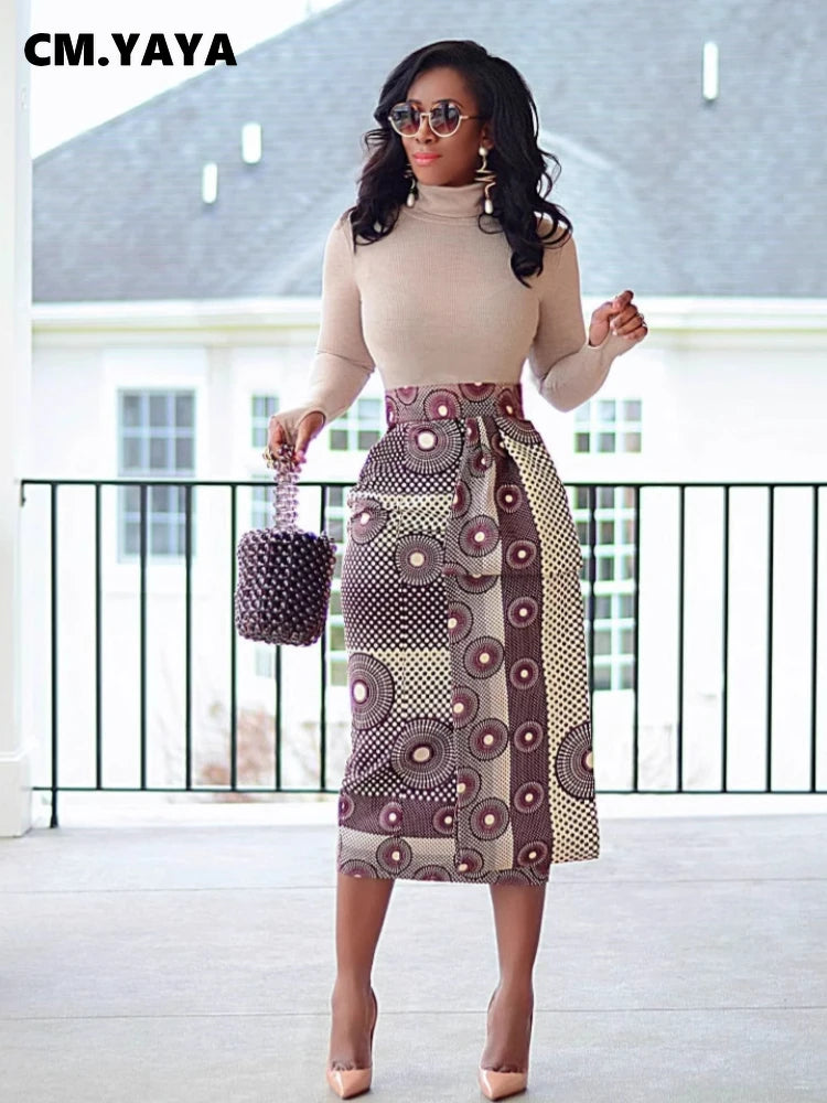 CM.YAYA Women Skirts Print High Waist Stretchy Bodycon Midi Skirt Ladies Vintage Fashion Streetwear 2024 Autumn Winter Elastic