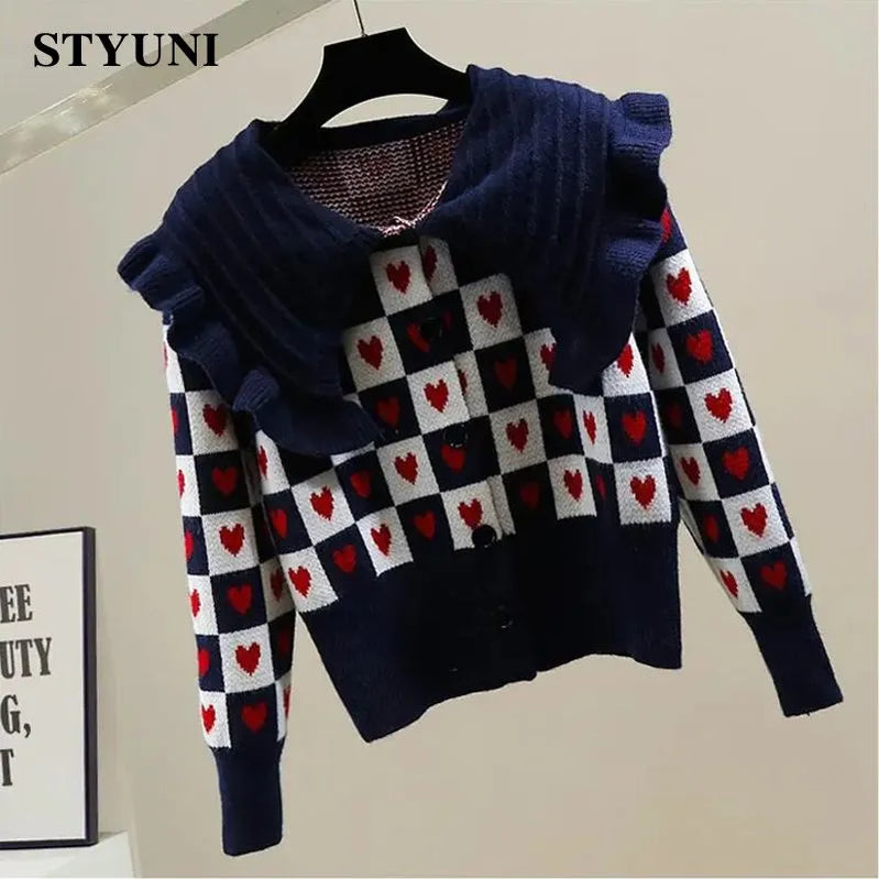 Heart-Shaped Plaid Peter pan Collar Acrylic Knitted Long Sleeve Women's Sweater Korean Fashion Chic Single Breasted Cardigan