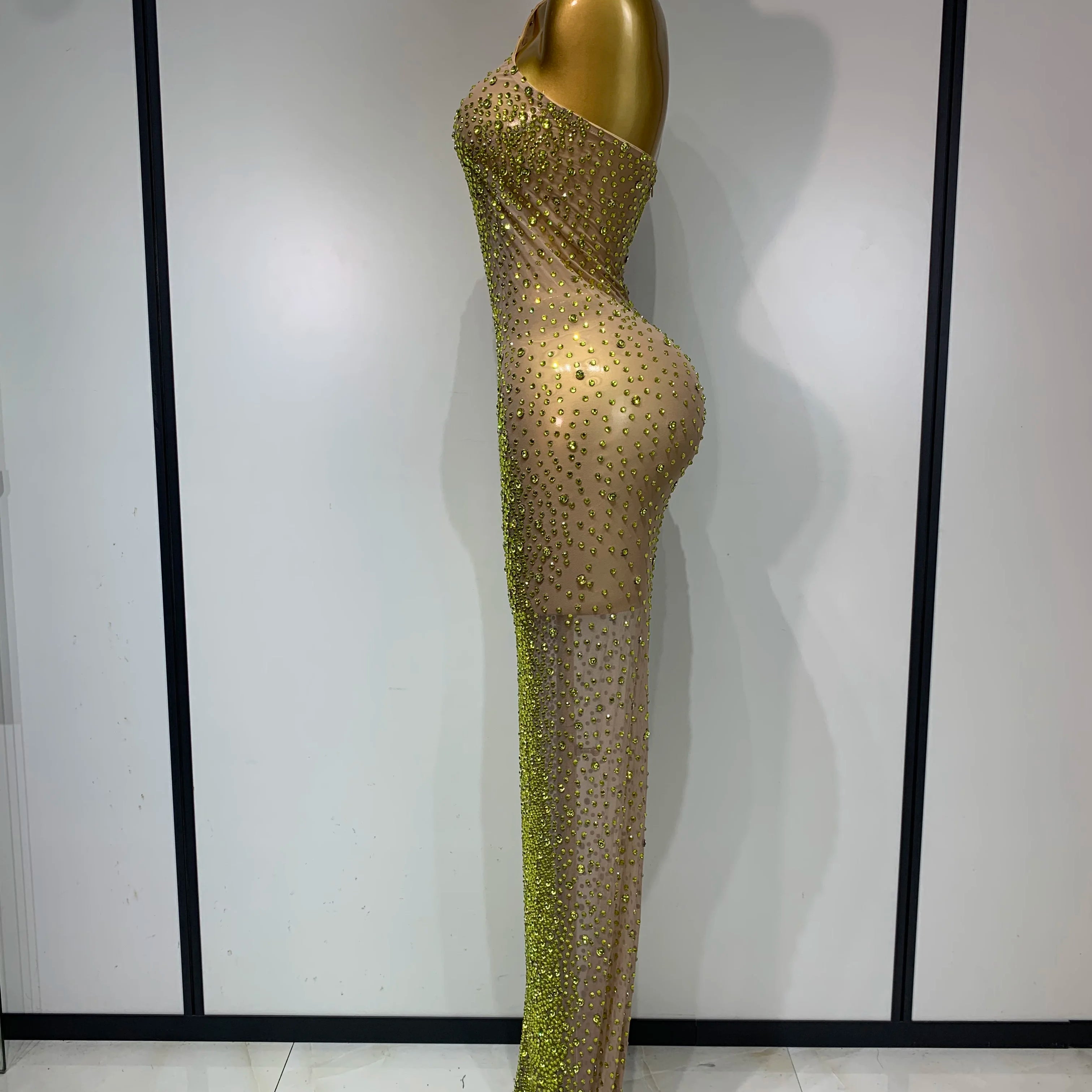 Women Luxury Birthday Celebrate Dress Dancer Party Show Stage Outfit 2025 Sparkly Rhinestone Elastic Mesh See Through Long Dress