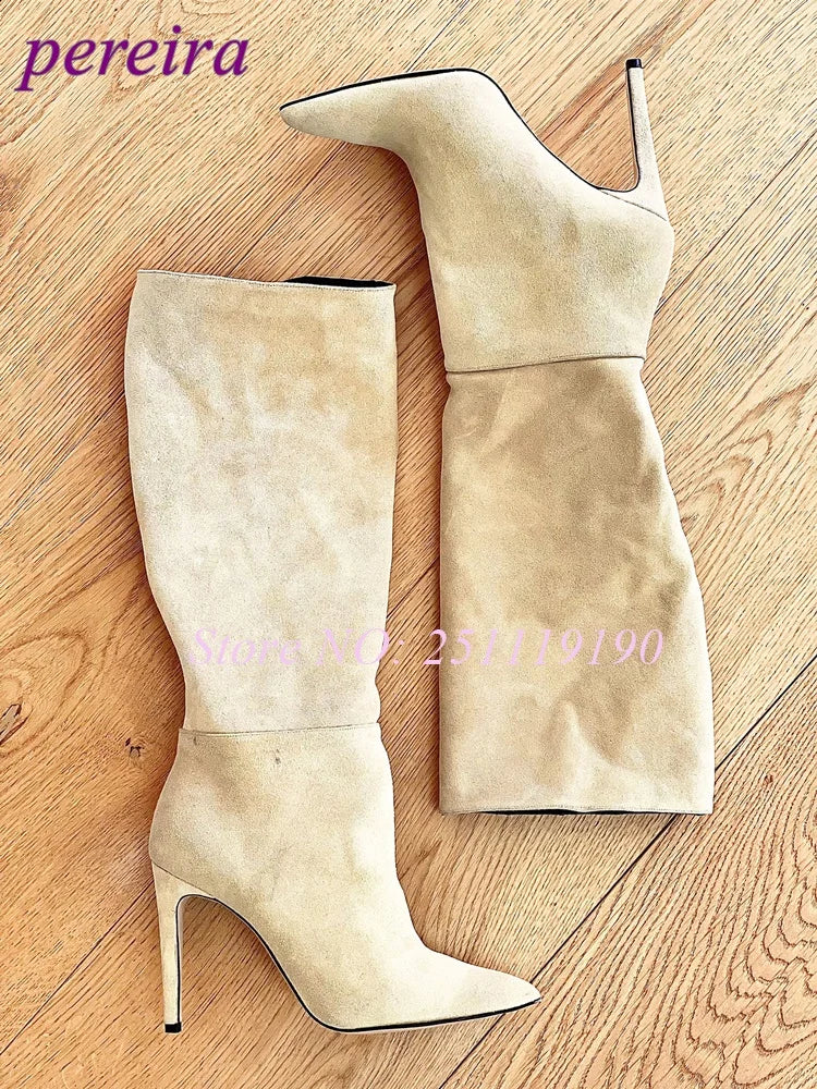 Royal Blue Boots Suede Pointed Toe Botas Women Luxury Designer Shoes Winter 2025 Pull On Slip On Stiletto Knee-high Booties New