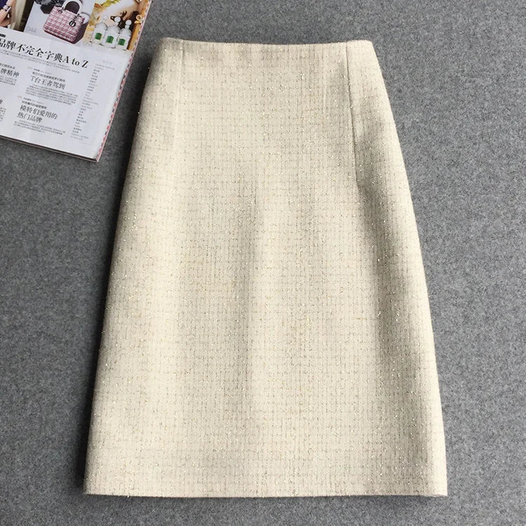 New Fashion Women's Autumn Winter Tweed Skirt Woolen Plaid High Waist Slim Buttocks Short A-line Midi Woman Skirts C176 mi bai se