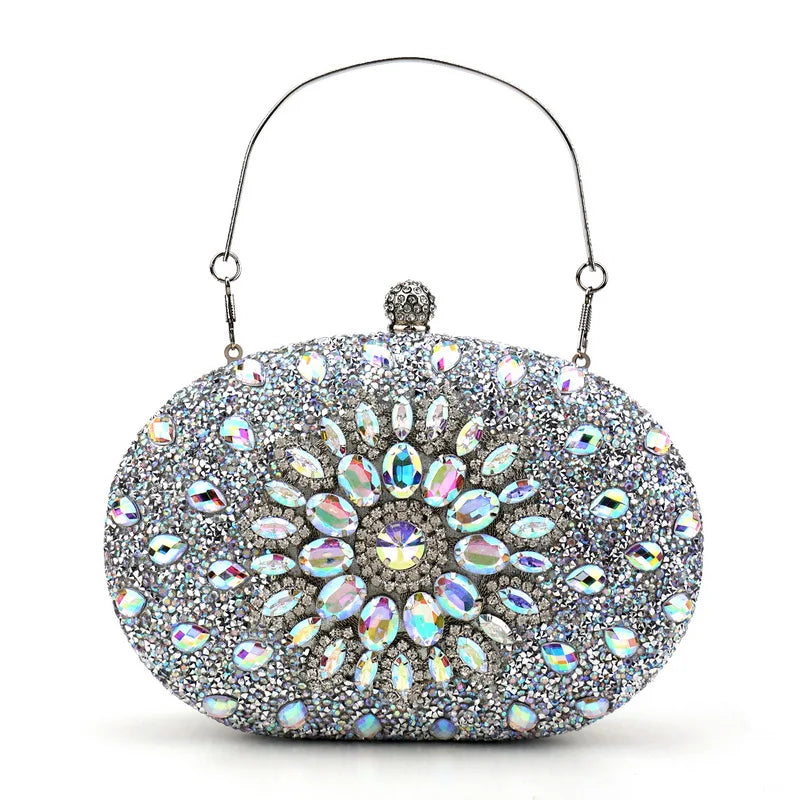 Diamonds Purple Color Women Evening Bags Flower Rhinestones Egg Design Fashion Female Clutch Handbags YM3108ABsilver