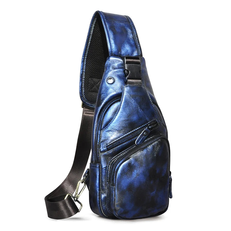 Men Original Crazy horse Leather Casual Triangle Crossbody Chest Sling Bag Design Travel One Shoulder Bag Daypack Male 8015 new-blue