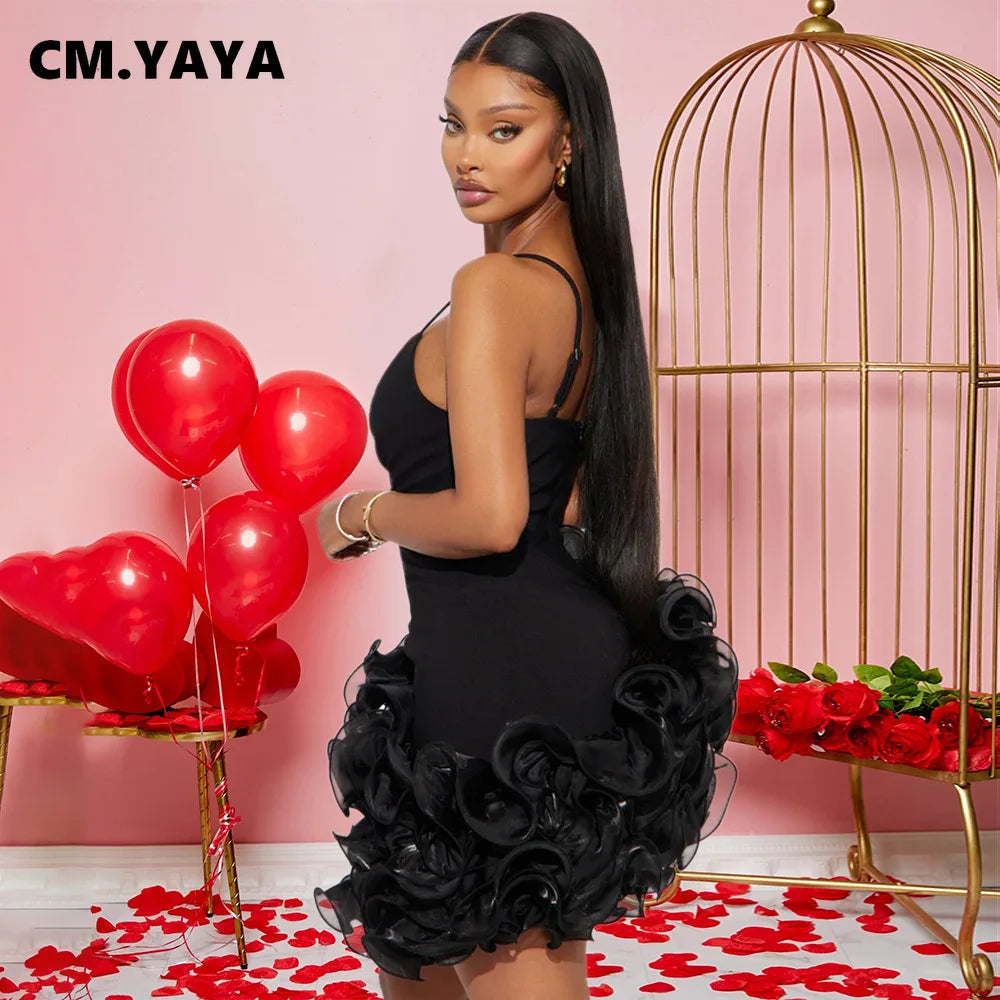 CM.YAYA Women V-neck Strap Mult Ruffles Sleeveless Bodycon Mini Dress Sexy Evening Night Party Club irregular Vestidos Dresses