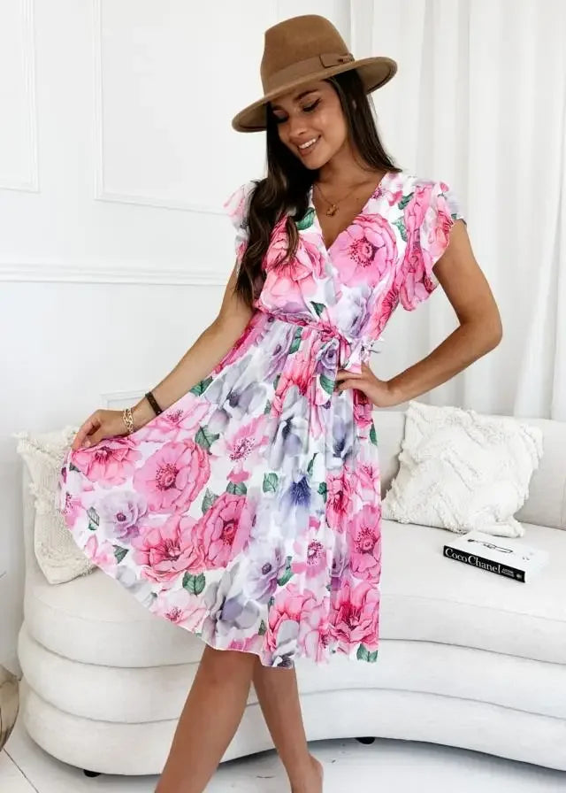 Women's Clothing European and American Floating Sleeves Wrapped Waist Fragmented Flower Pleated Dress