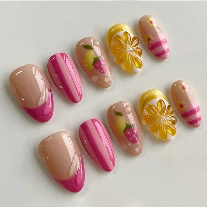 24Pcs Mid-length Almond Press on Fake Nails with Insect Flower Button Design Full Cover Nails Tips Reusable Finished False Nails