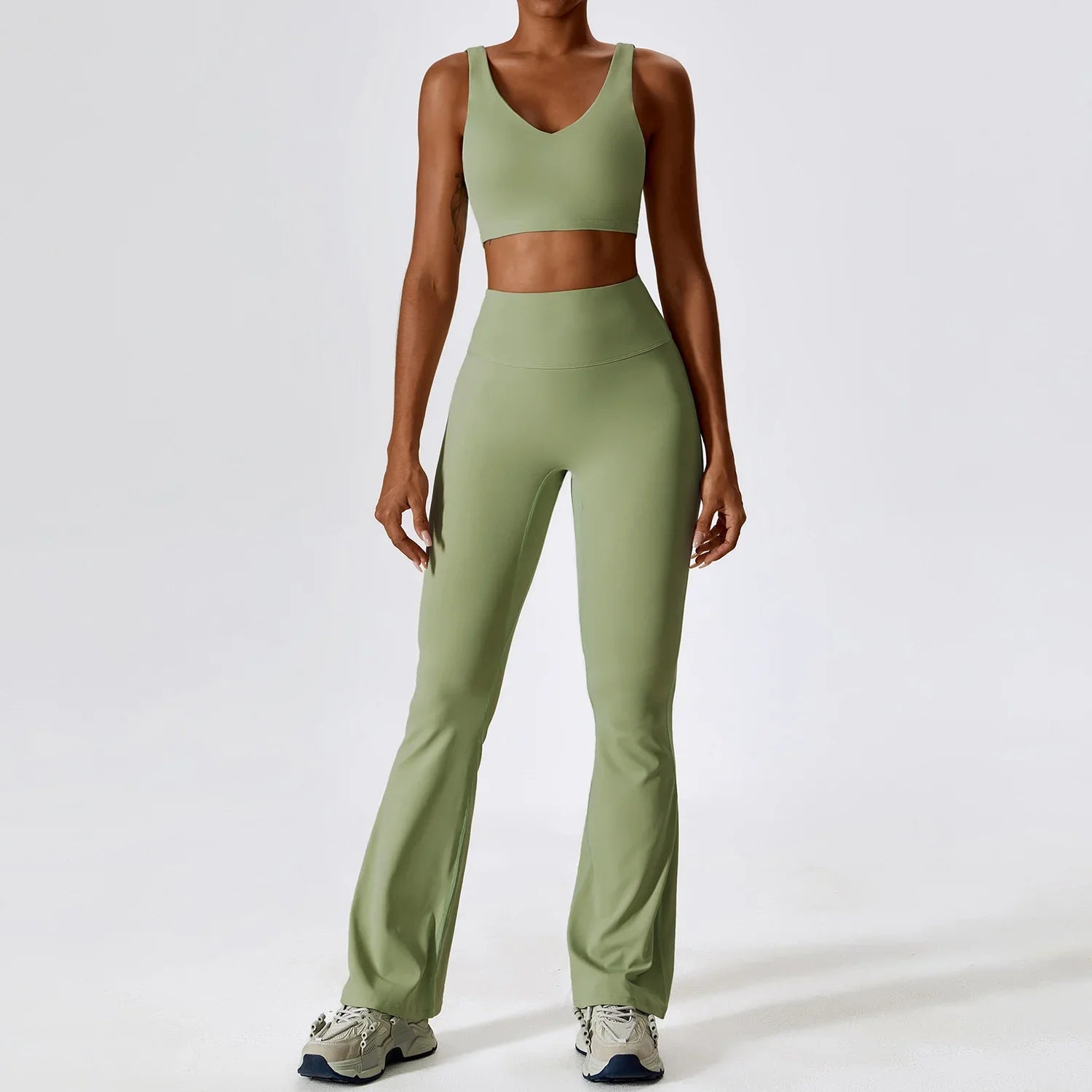 NCLAGEN Women's 2pcs Gym Yoga Suit Tight Fitting Sports Set Workout Breathable T Shirts Bra Tank Top Loose Bell-bottoms Leggings Bra suit Green