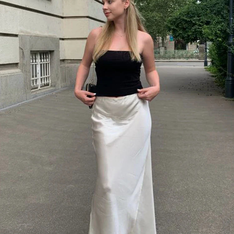 Chic Satin Maxi Skirt Female Slim High Waist Soild Black White Long Skirt Streetwear Elegant Ladies Casual Office Long Skirt