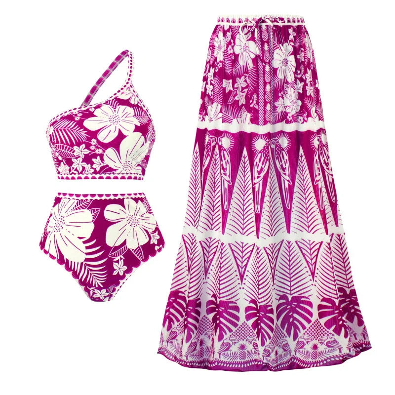 New 3PC Print Retro Swimwear Push Up Playa Women's Swimsuit One Piece Bodysuit Patchwork Bathing Suit Pads Female Set