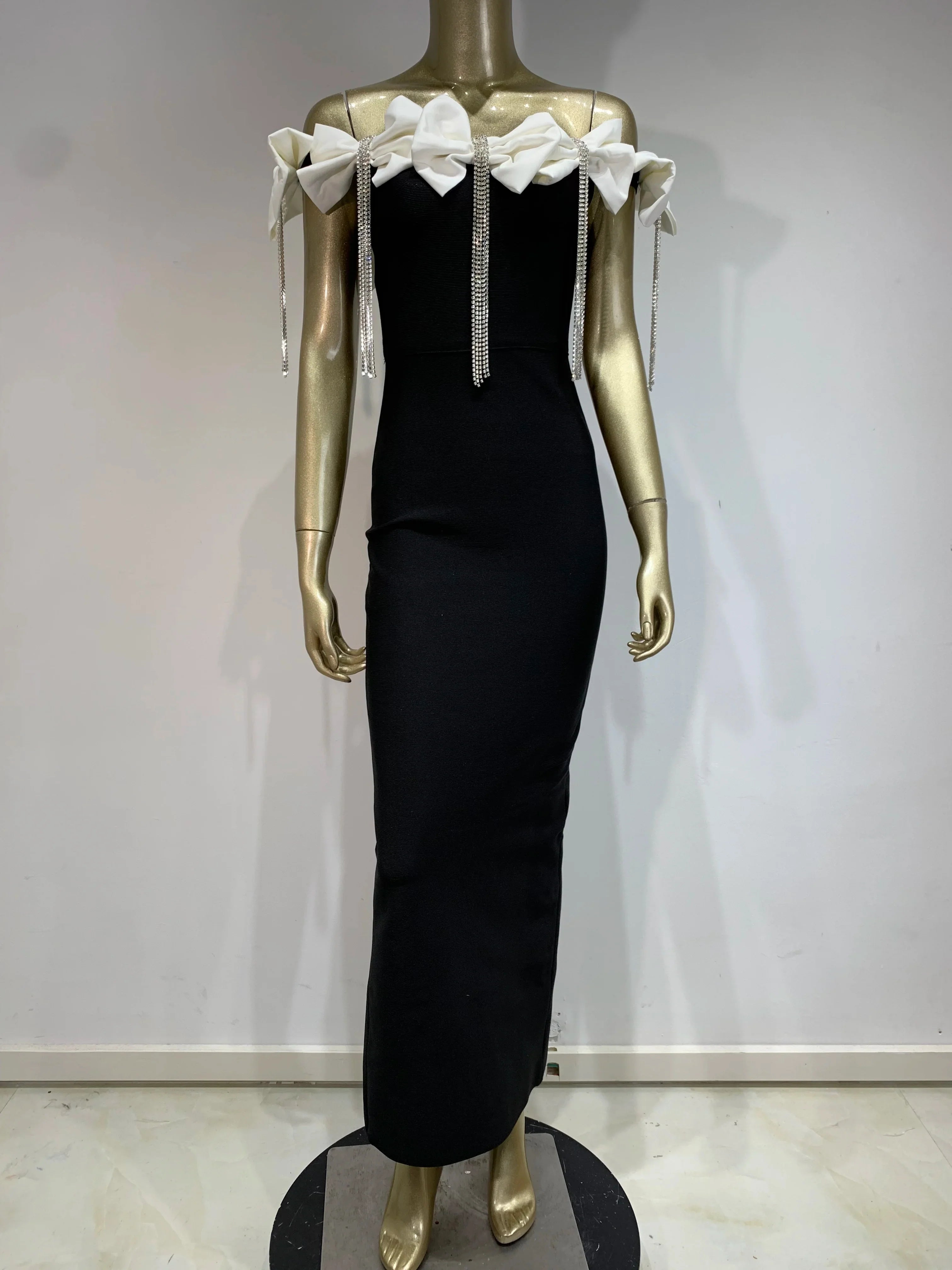 Vestido longo feminino, celebridade, sexy, ombro de fora, flor, diamantes, preto, gravata borboleta, longo, tamanho grande, elegante, para festa à noite