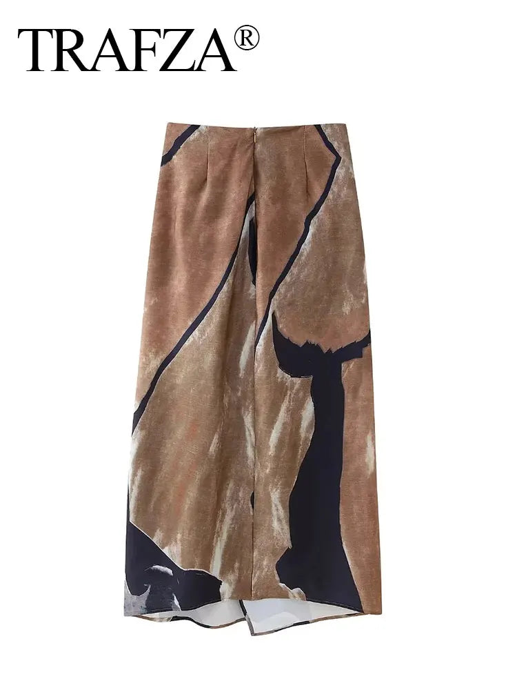 TRAFZA Women's High Waist Front Pleated Zipper Fly Casual Skirt Summer Women's Fashion Chic Printed Wrap Skirt Streetwear