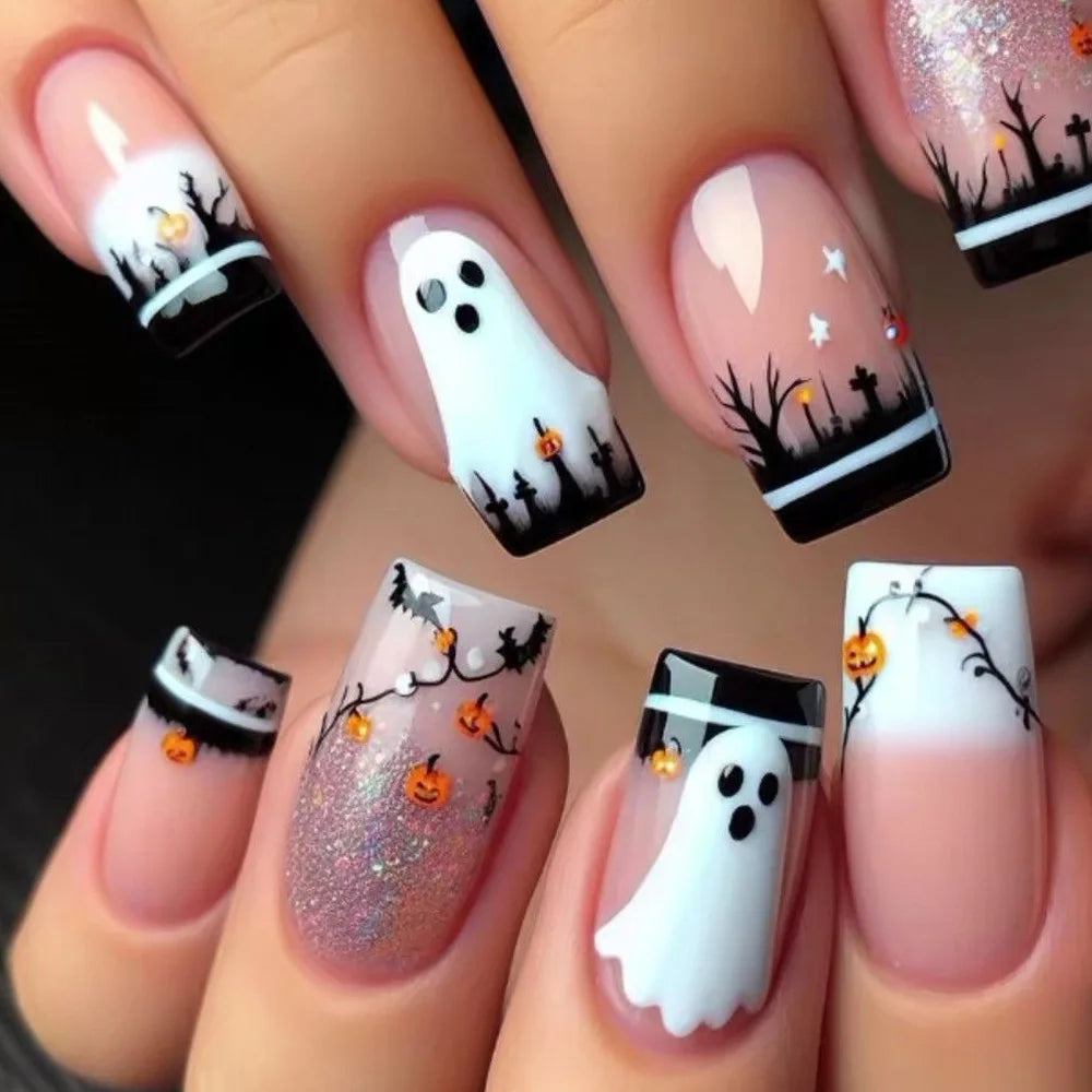 24pcs Black Bat Printed Fake Nails Halloween White Ghost Pattern False Nails for Women Wearable European Almond Press on Nails