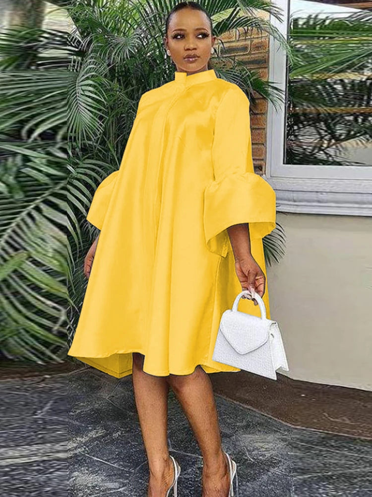 Women Loose Shirt Dress Puff Sleeves White Dresses Summer Autumn Fashion Casual Classy Holiday Robes Large Size 3XL Tunic 2023 Yellow