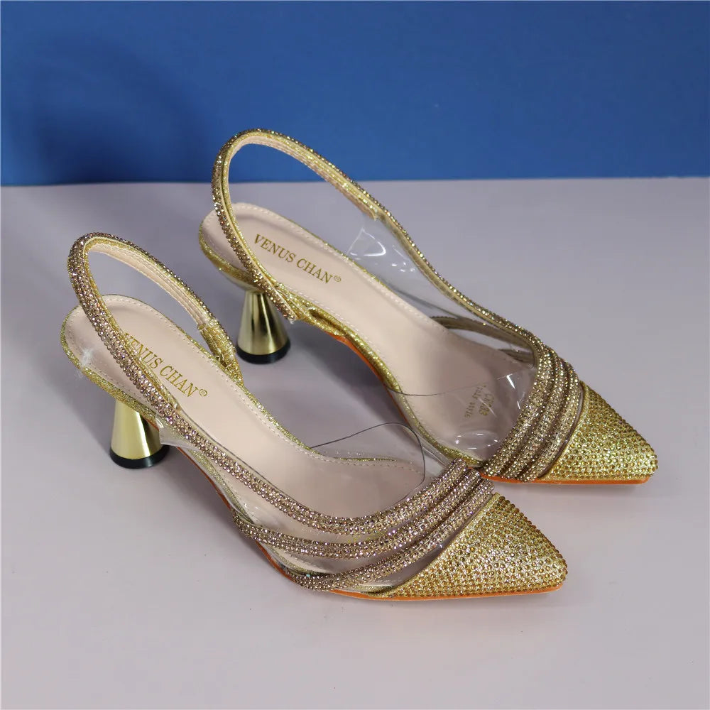 Italian Shoes Women Luxury Rhinestone Crystal Pumps Fashion Slippers Sandals Party High Heels Wedding Shoes Bride Gold