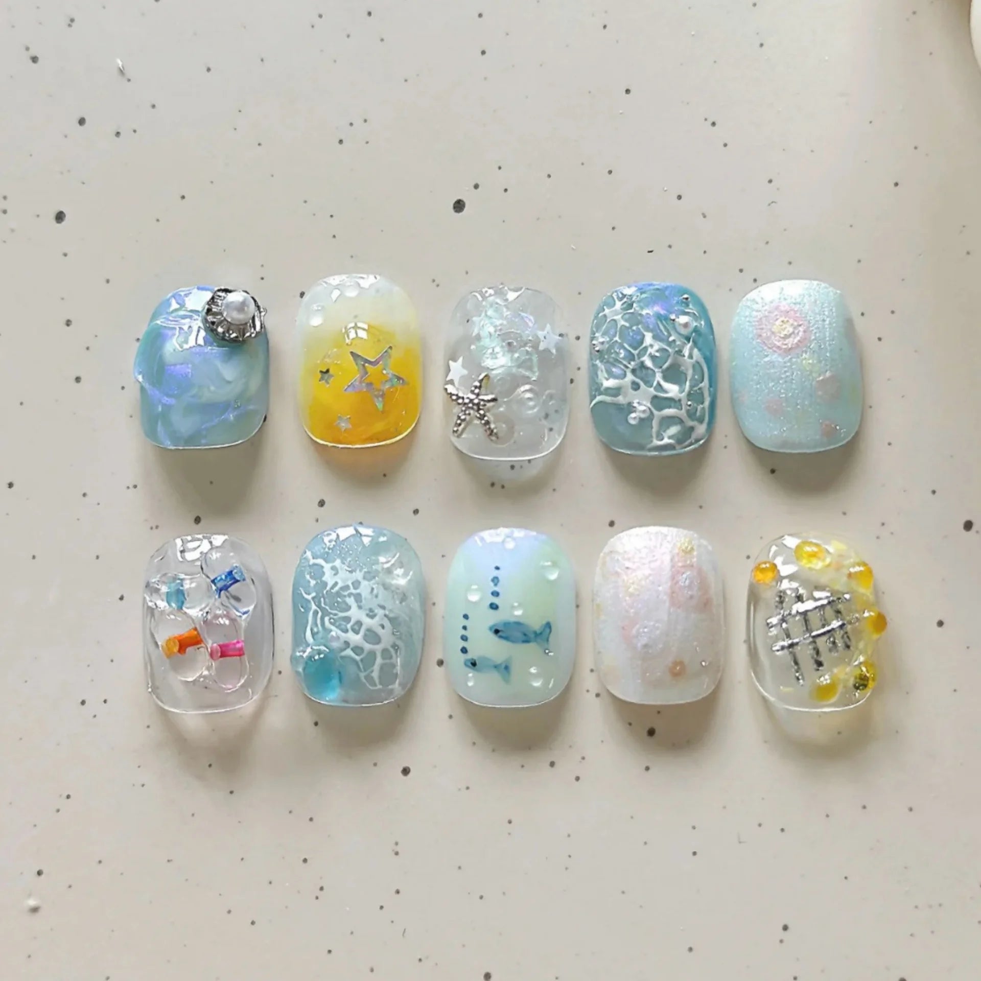 10pcs Short Square Handmade Nails Sets Press on Glitter Seashell Design Blue Ballet False Nails Tip Ocean Fake Nail Art Finished