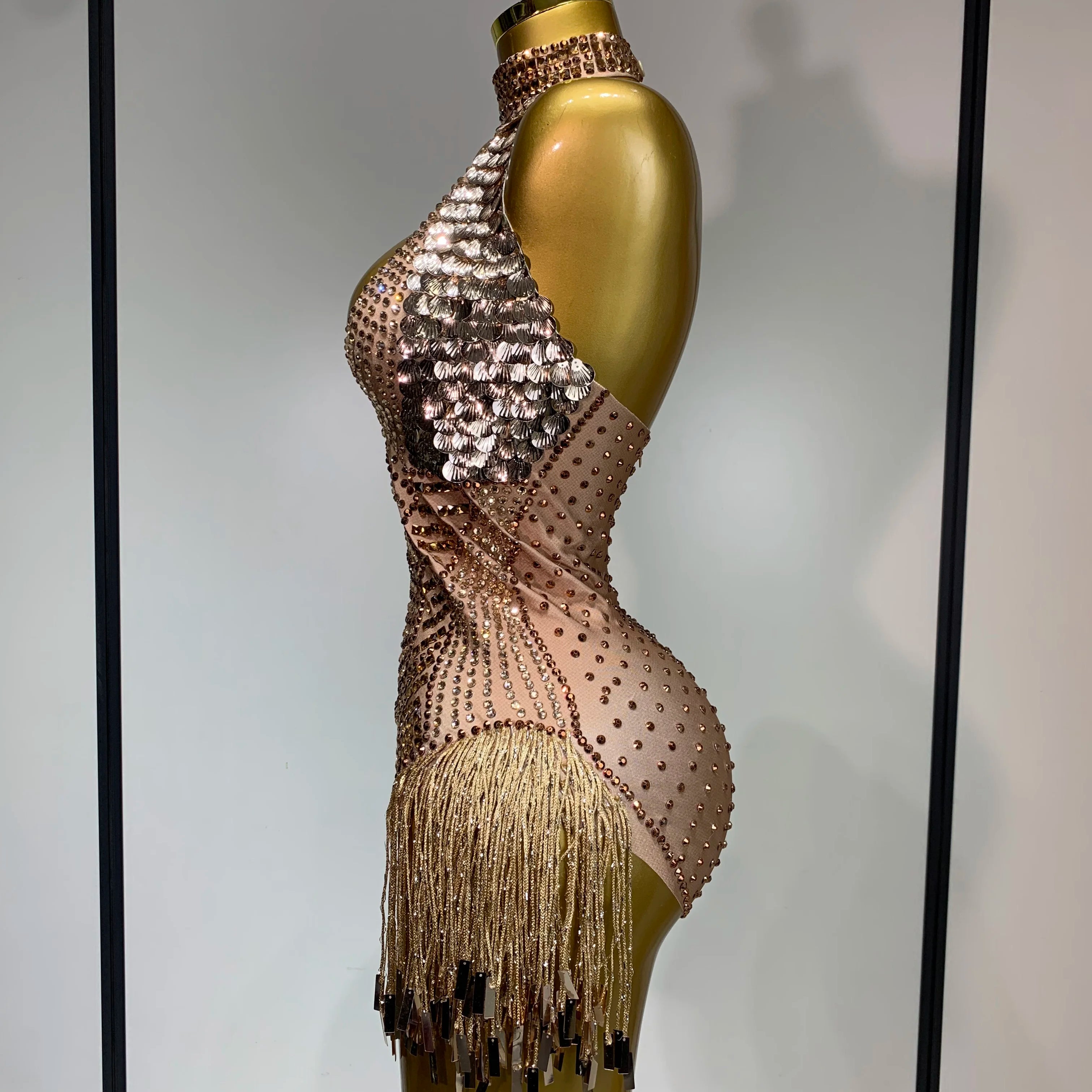 Luxury Sparkly Rhinestones Tassels Sequins Bodysuit Women Sexy Halter Backless Stage  Performance Costume Club Birthday Outfit