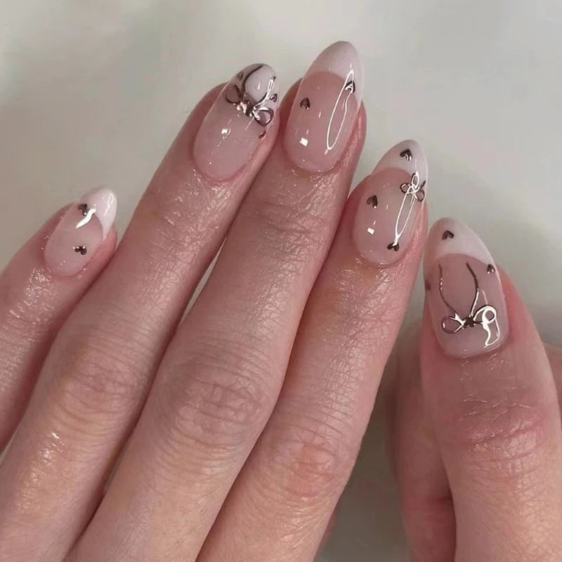 24Pcs Medium Almond Press-On Acrylic Nails Glossy Chic Pink False Nails with Bow,heart for Women & Girls’ Daily Sweety Wear Tips