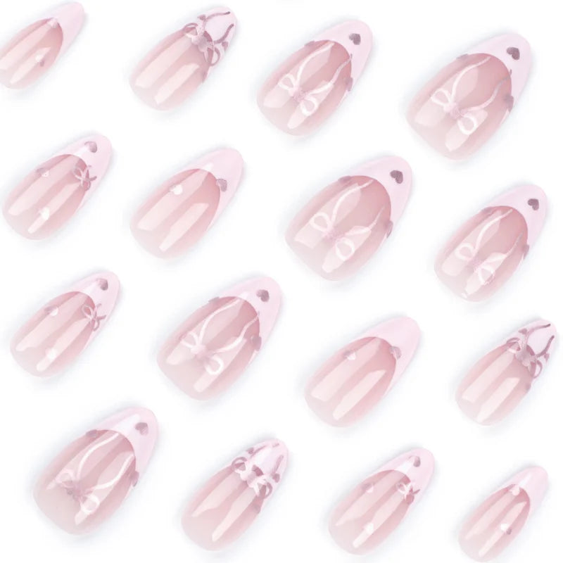24Pcs Medium Almond Press-On Acrylic Nails Glossy Chic Pink False Nails with Bow,heart for Women & Girls’ Daily Sweety Wear Tips