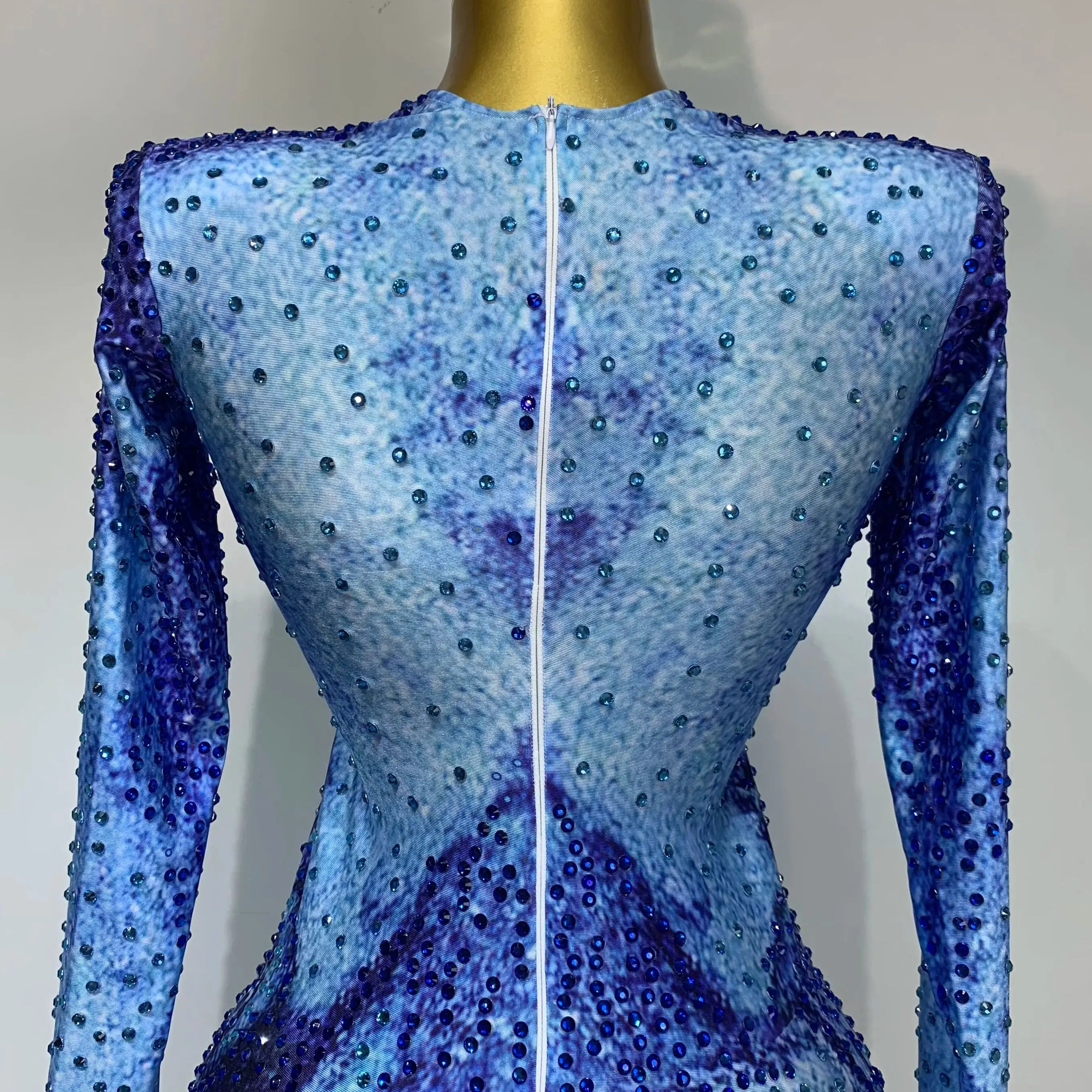 Ladies Sexy Sparkly Rhinestones Blue Long Sleeve Short Dress Women Evening Luxury Birthday Party Nightclub Singer Stage Outfit