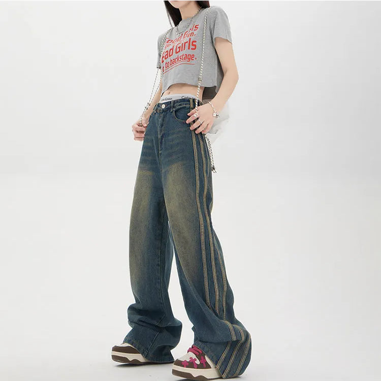 Korean Style Women's Vintage High Waist Streetwear Style Blue Jeans Pants Wide Leg Baggy Y2K Baggy Female Denim Trouser