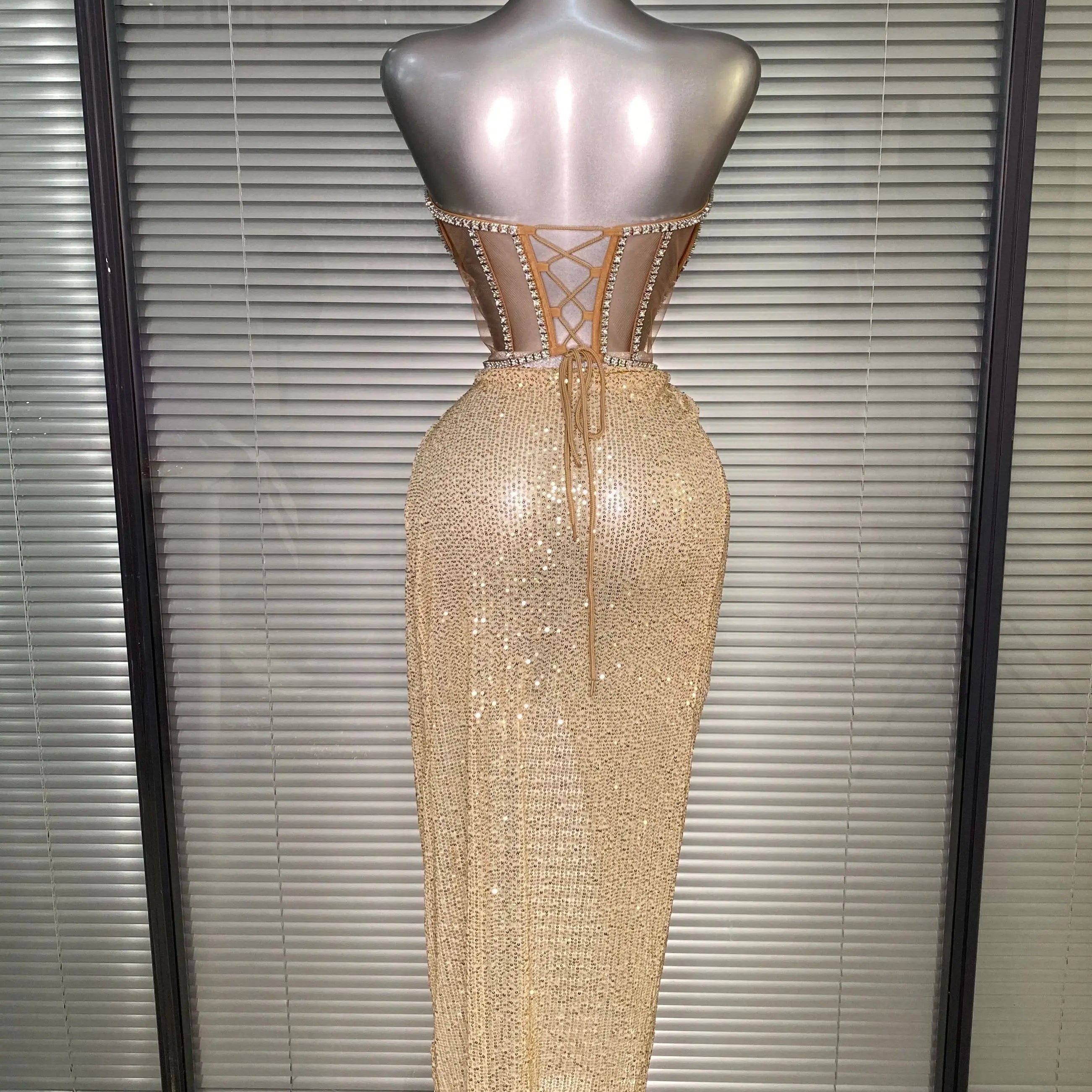 Women Sexy Sparkly Sequins Strapless Lace Openback Two Piece High Split Birthday Party Nightclub Outfit Dancer Performance Suit