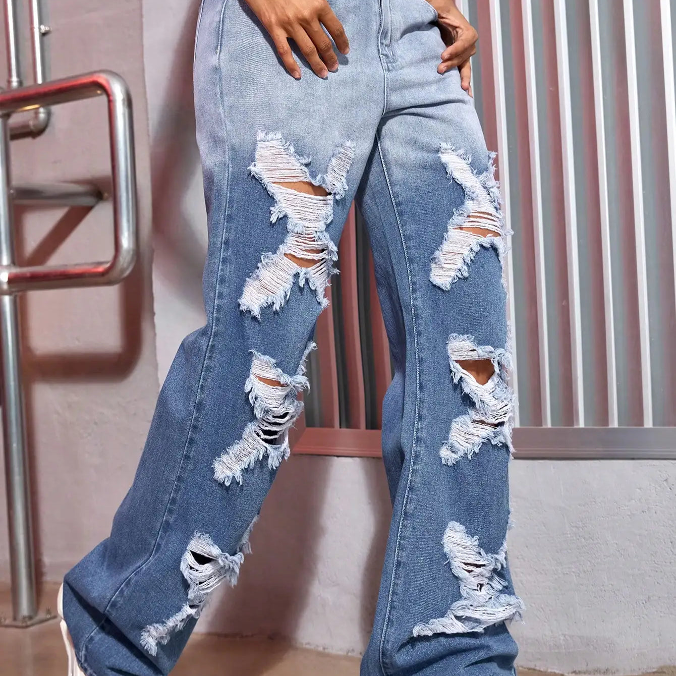 Y2K Women Fashion Ripped Jeans Color Contrast Split Shape Wide Leg Denim Trousers Streetwear
